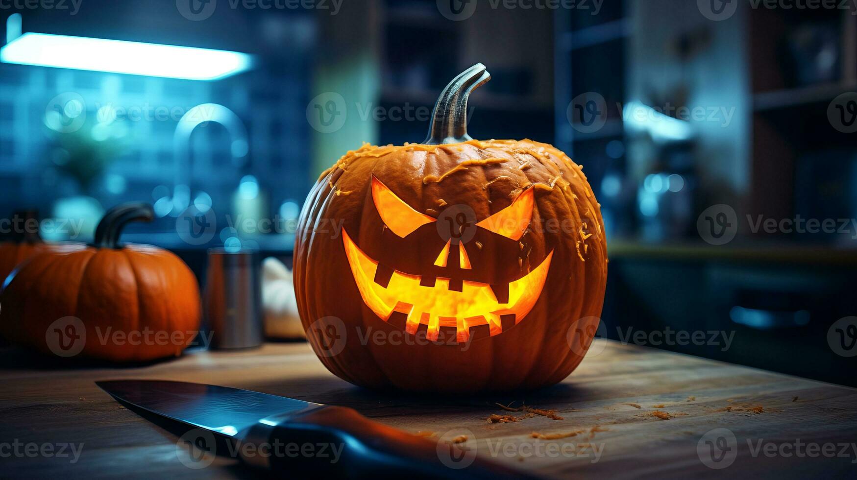 pompoen jack-o-lantern Aan de keuken tafel. sinister atmosfeer. ai gegenereerd. foto