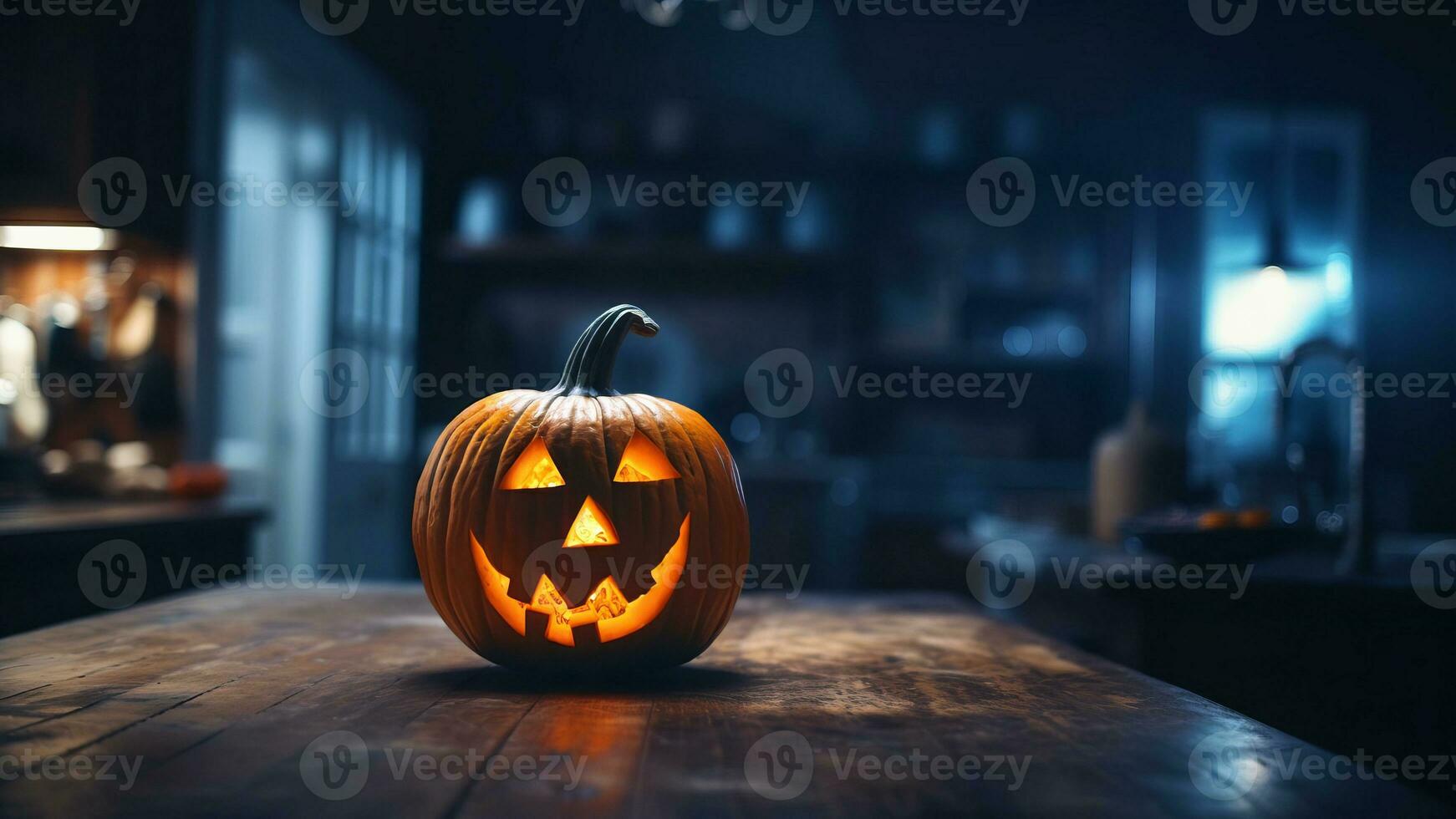 pompoen jack-o-lantern Aan de keuken tafel. sinister atmosfeer. ai gegenereerd. foto