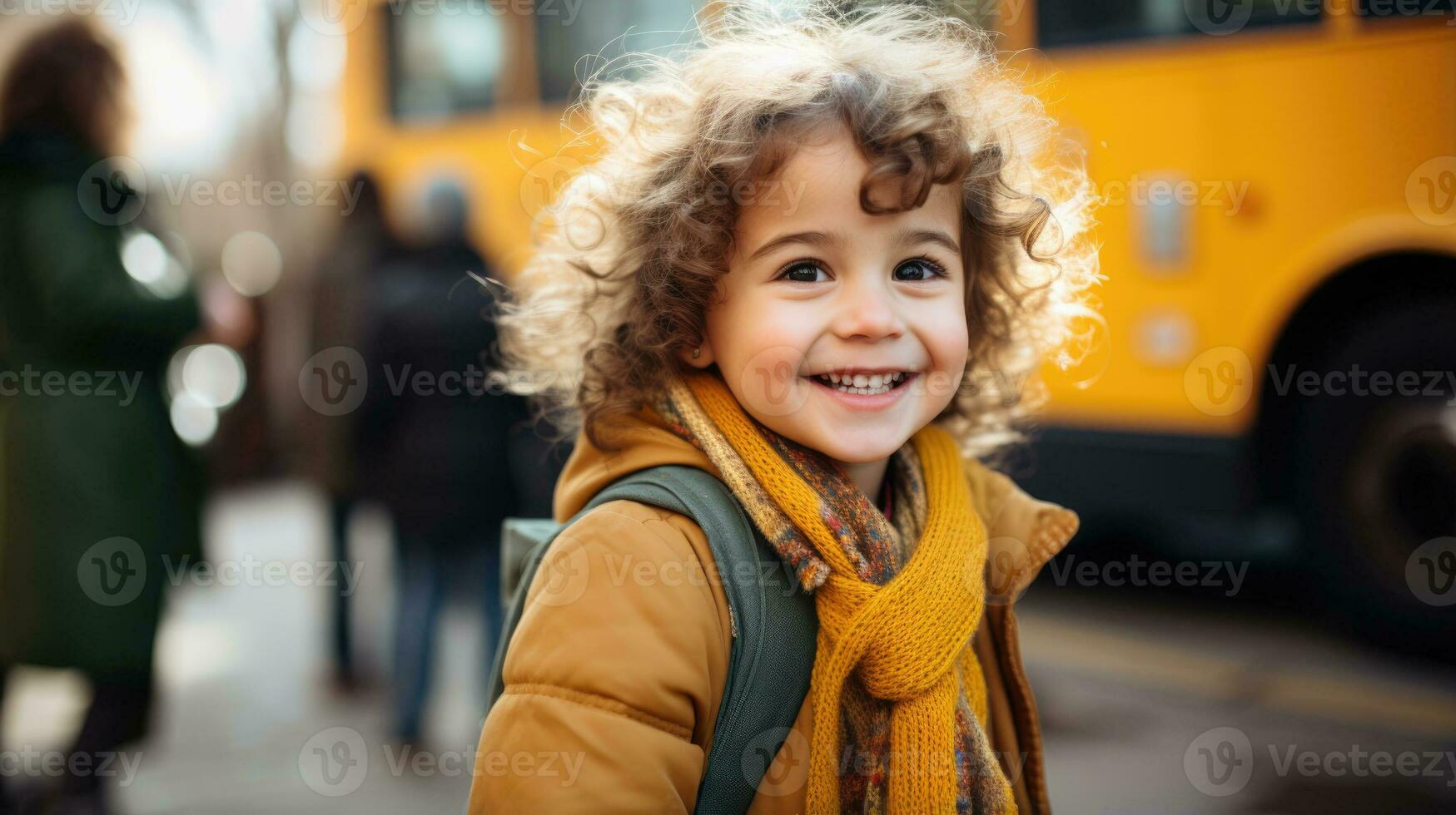 een jong kind gretig staat in voorkant van een school- bus klaar naar aan boord gaan Aan een nieuw avontuur gevulde met aan het leren en vriendschappen foto