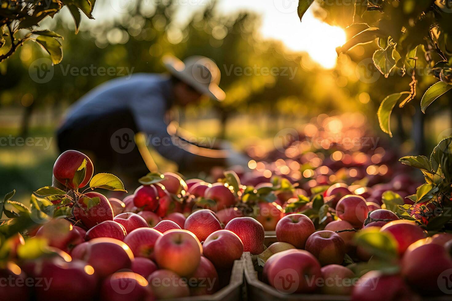 een groep van boeren ijverig plukken rijp rood appels van bomen in een pittoreske boomgaard instelling foto