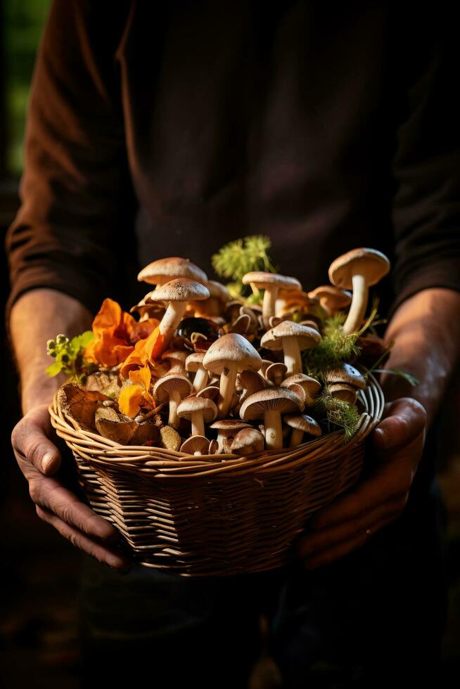 een hand- Holding een mand gevulde met vers gefoerageerd wild champignons presentatie van de overvloedig schatten van de Woud foto