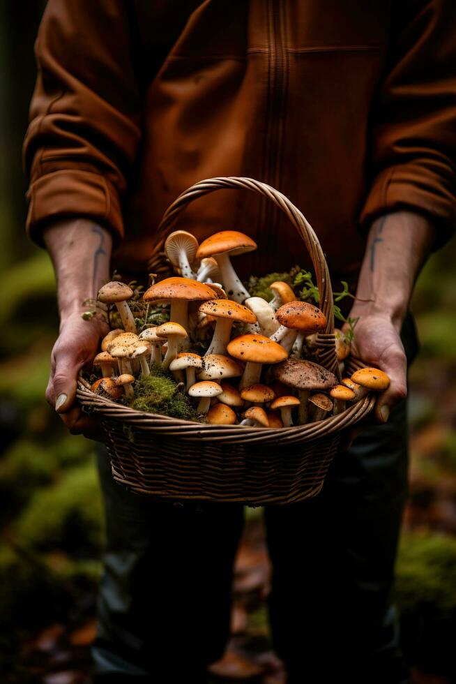 een hand- Holding een mand gevulde met vers gefoerageerd wild champignons presentatie van de overvloedig schatten van de Woud foto