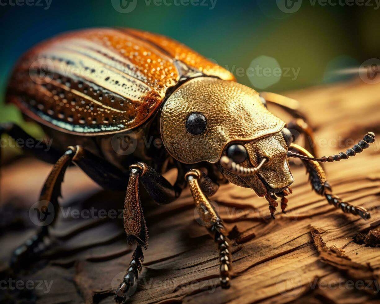 een glorieus scarabee kever Aan een getextureerde boom schors een macro foto van een verbazingwekkend insect met levendig kleuren en details. natuur verscheidenheid en veerkracht ai generatief