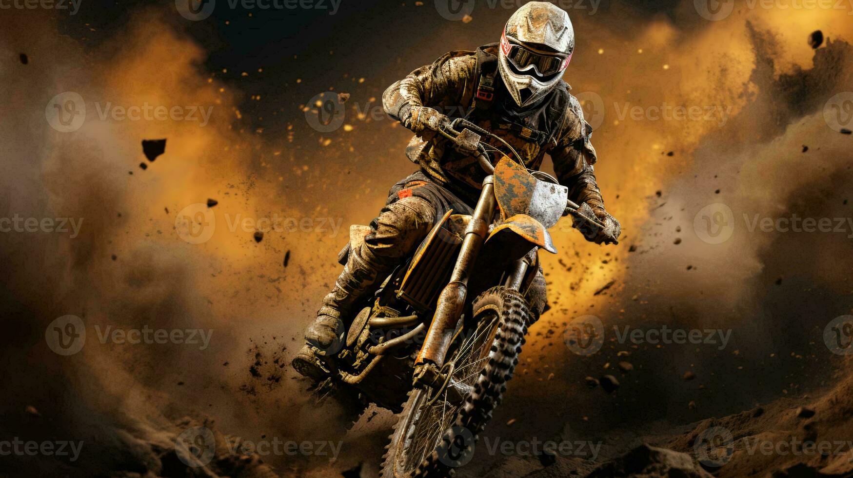 een motorrijder Aan een motorfiets snel ritten door de aarde en stof Aan de bijhouden gedurende een motorcross wedstrijd foto