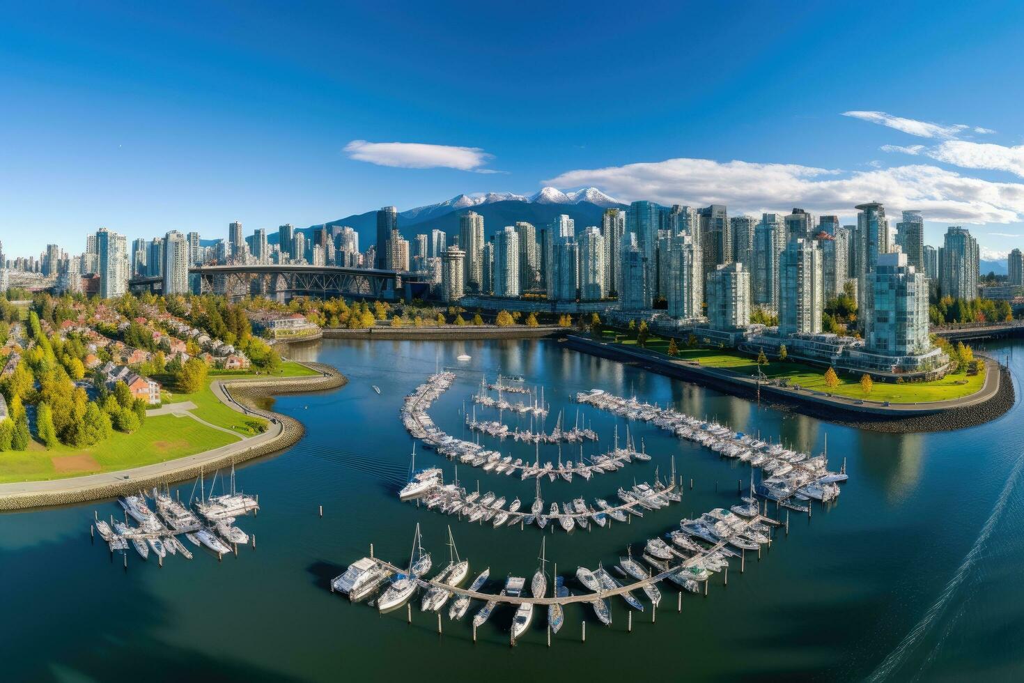 panoramisch antenne visie van de stad van Vancouver, Brits Colombia, Canada, antenne panorama van downtown stad Bij false kreek, Vancouver, Brits Colombia, Canada, ai gegenereerd foto