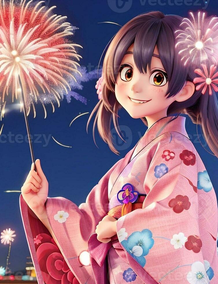 een schattig tekenfilm meisje in een kimono met vuurwerk in de achtergrond. foto