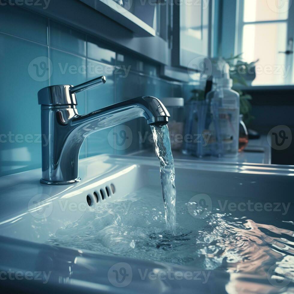 water stromen van de kraan in de badkamer foto