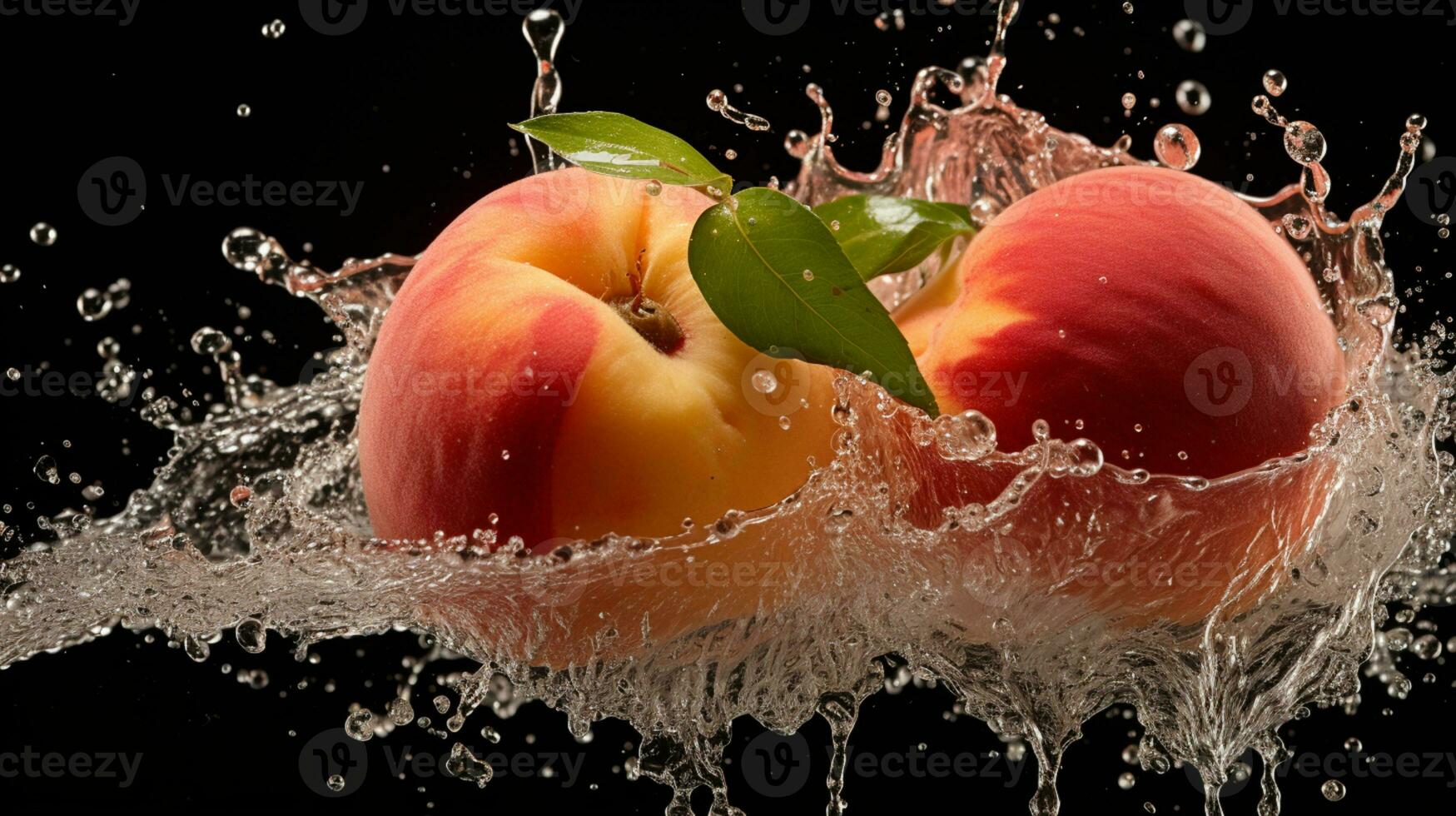 vers sappig perzik fruit met water plons geïsoleerd Aan achtergrond, gezond fruit, ai generatief foto