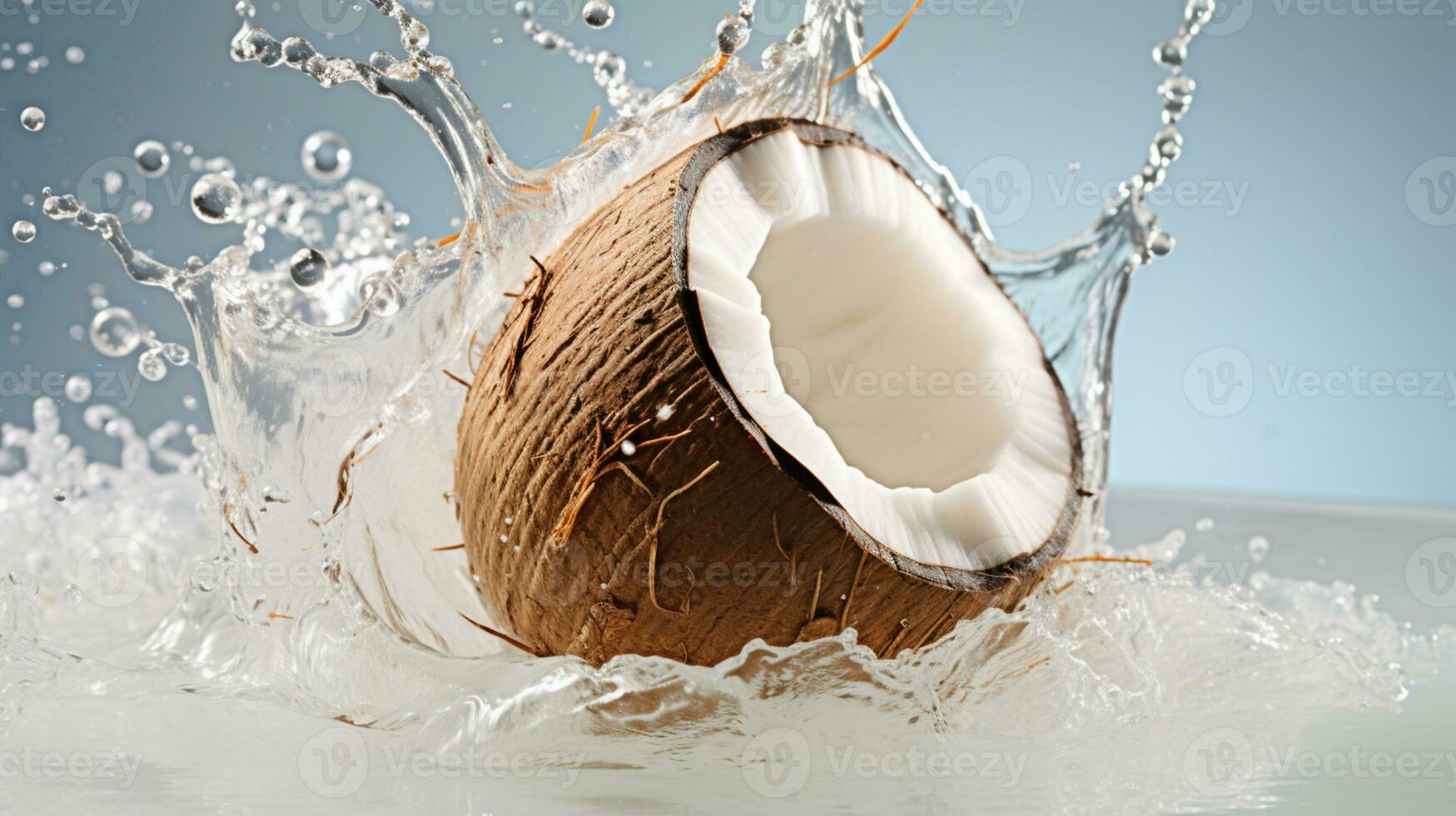 helften van een kokosnoot met water plons geïsoleerd Aan achtergrond, gezond tropisch voedsel., ai generatief foto
