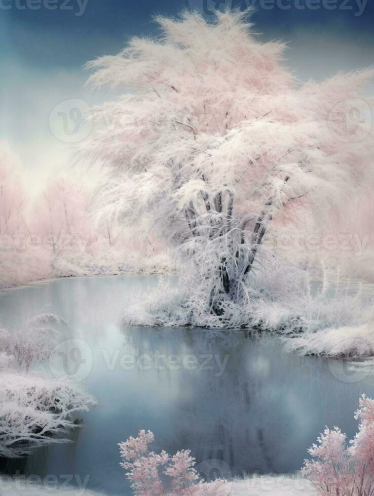 Daar is een afbeelding van een mooi roze boom in de sneeuw. generatief ai. foto