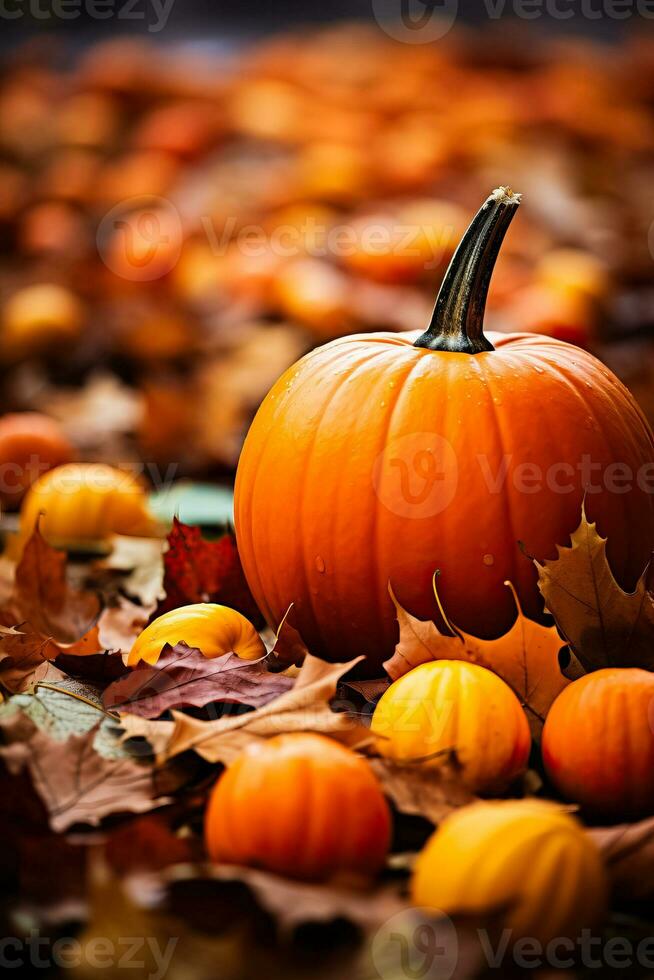 een detailopname van een levendig oranje pompoen omringd door kleurrijk gedaald bladeren symboliseert de essence van herfst oogst foto