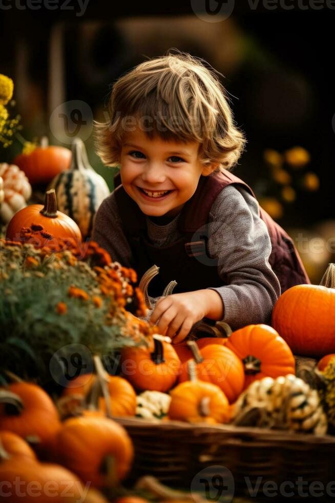 een vrolijk kind picks een perfect pompoen van een uitgestrekt lap omringd door levendig herfst bladeren en feestelijk decoraties foto