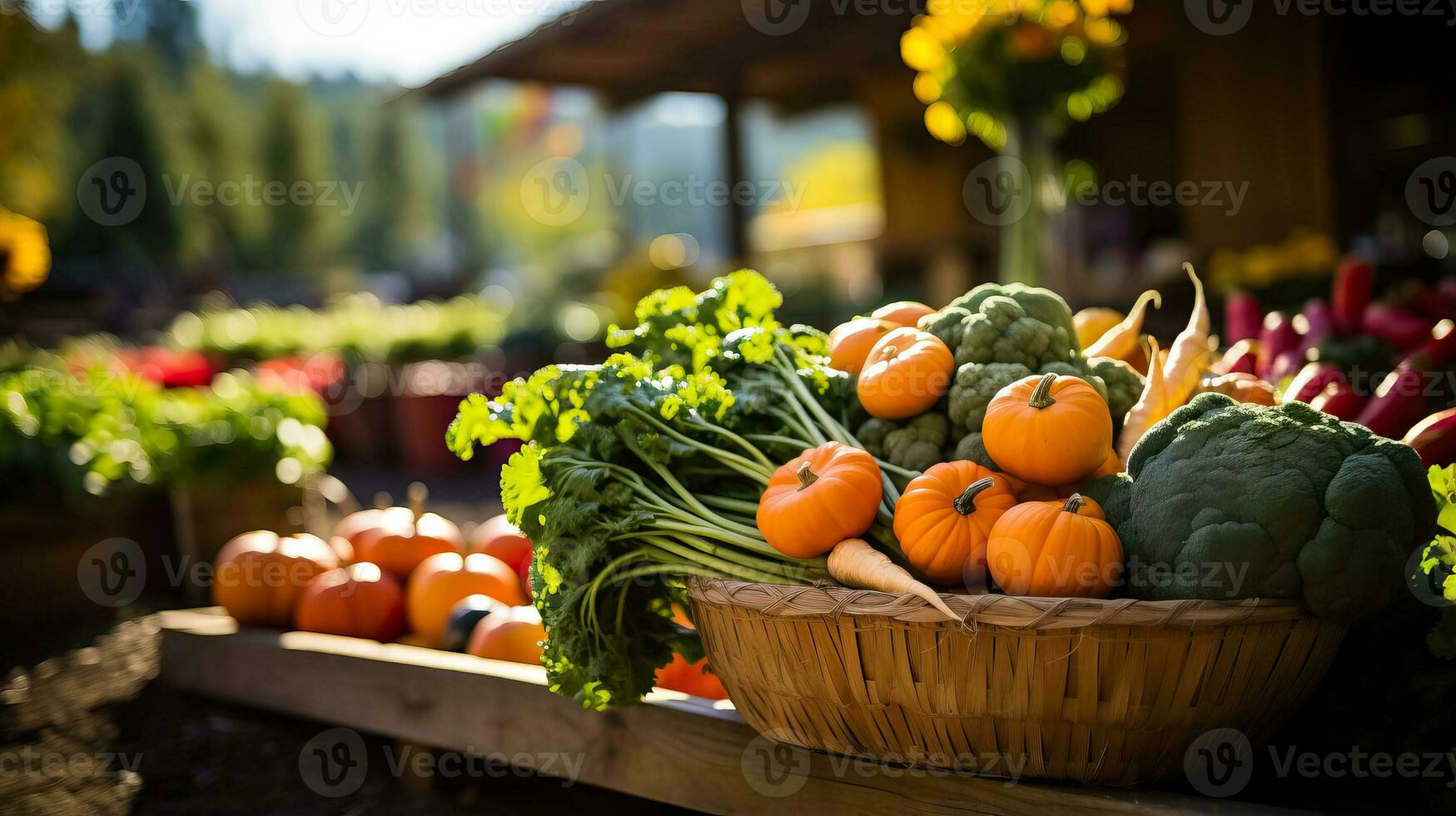 een levendig pompoen en een mand van kleurrijk herfst groenten presentatie van de premie van de boeren markt foto