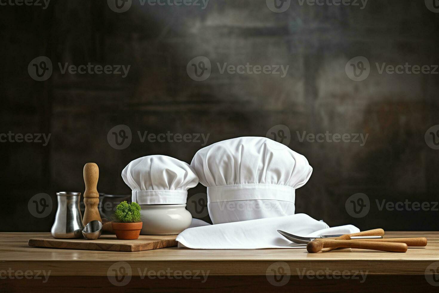 chef hoed en keuken gereedschap reeks in een wijnoogst keuken foto