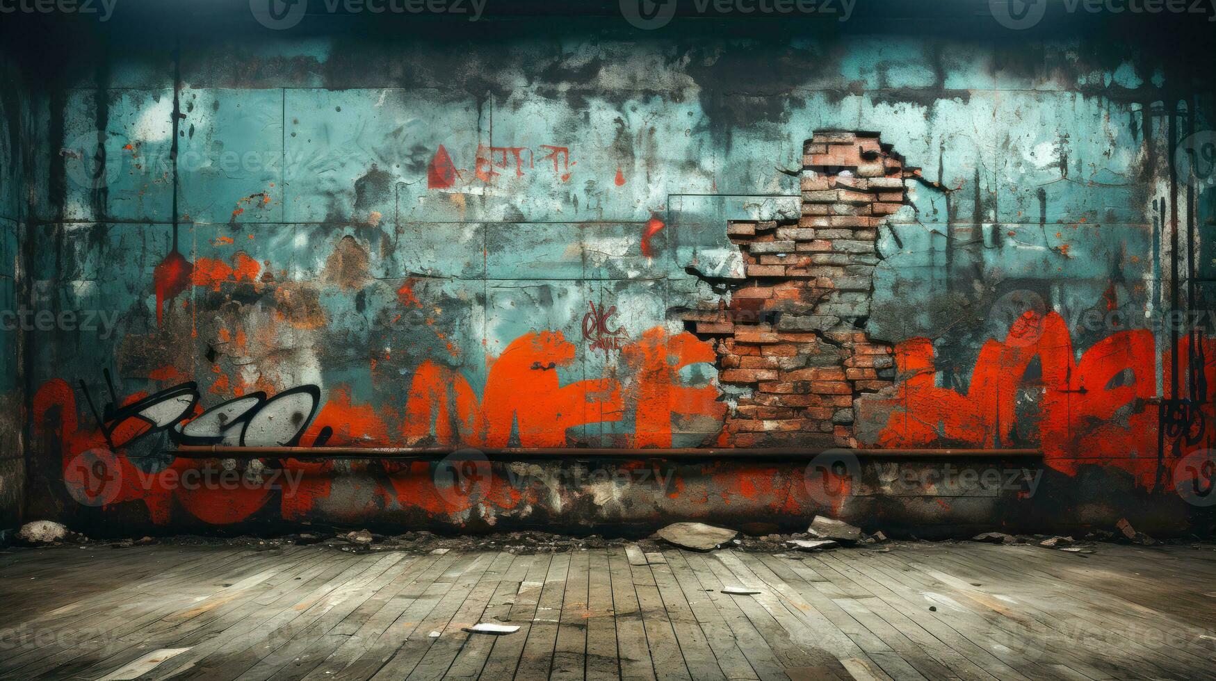 zanderig en gespannen stedelijk achtergrond met graffiti en bakstenen met rood en zwart graffiti ai gegenereerd foto