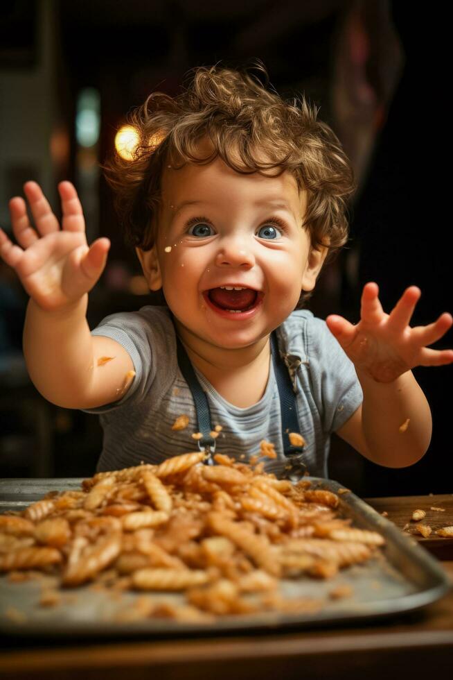 nieuwsgierig baby met rommelig handen en een verheugd uitdrukking verkennen de smaak en structuur van divers vinger voedingsmiddelen foto