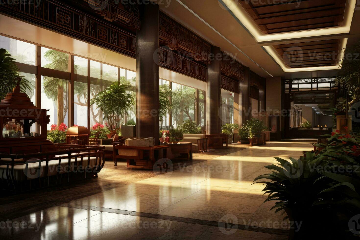 hotel lobby met Chinese stijl meubilair profesional fotografie ai gegenereerd foto
