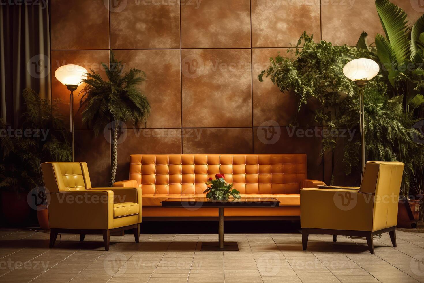 hotel lobby met wijnoogst stijl meubilair profesional fotografie ai gegenereerd foto