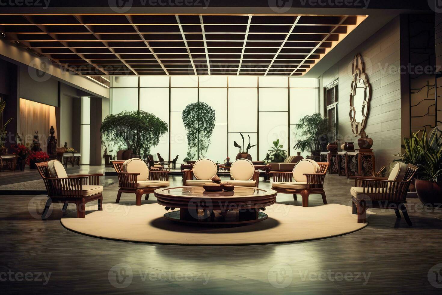 hotel lobby met Chinese stijl meubilair profesional fotografie ai gegenereerd foto