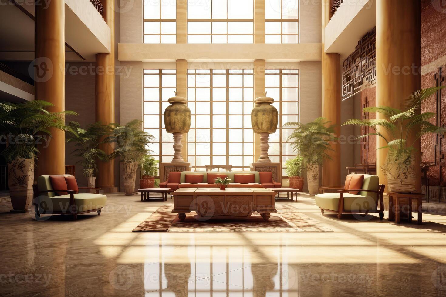 hotel lobby met Chinese stijl meubilair profesional fotografie ai gegenereerd foto