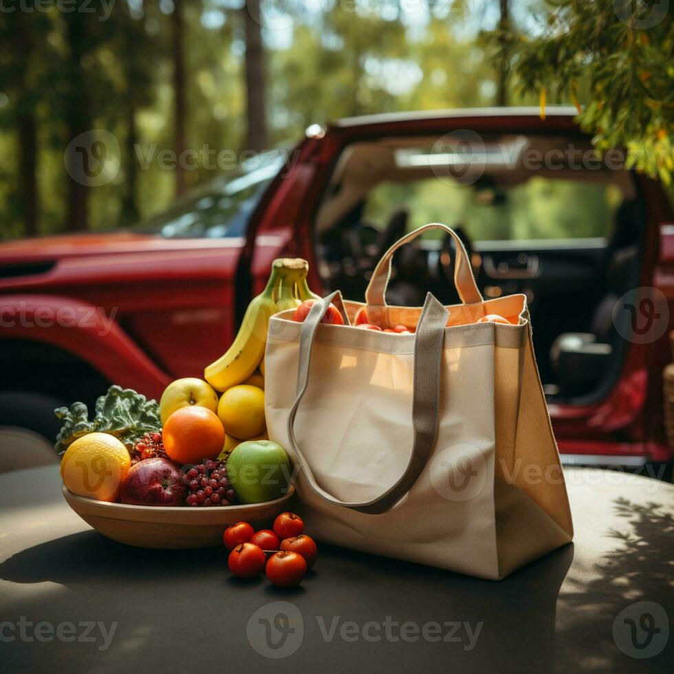 boodschappen doen zak met boodschappen en auto parkeren in de rug, ai generatief foto