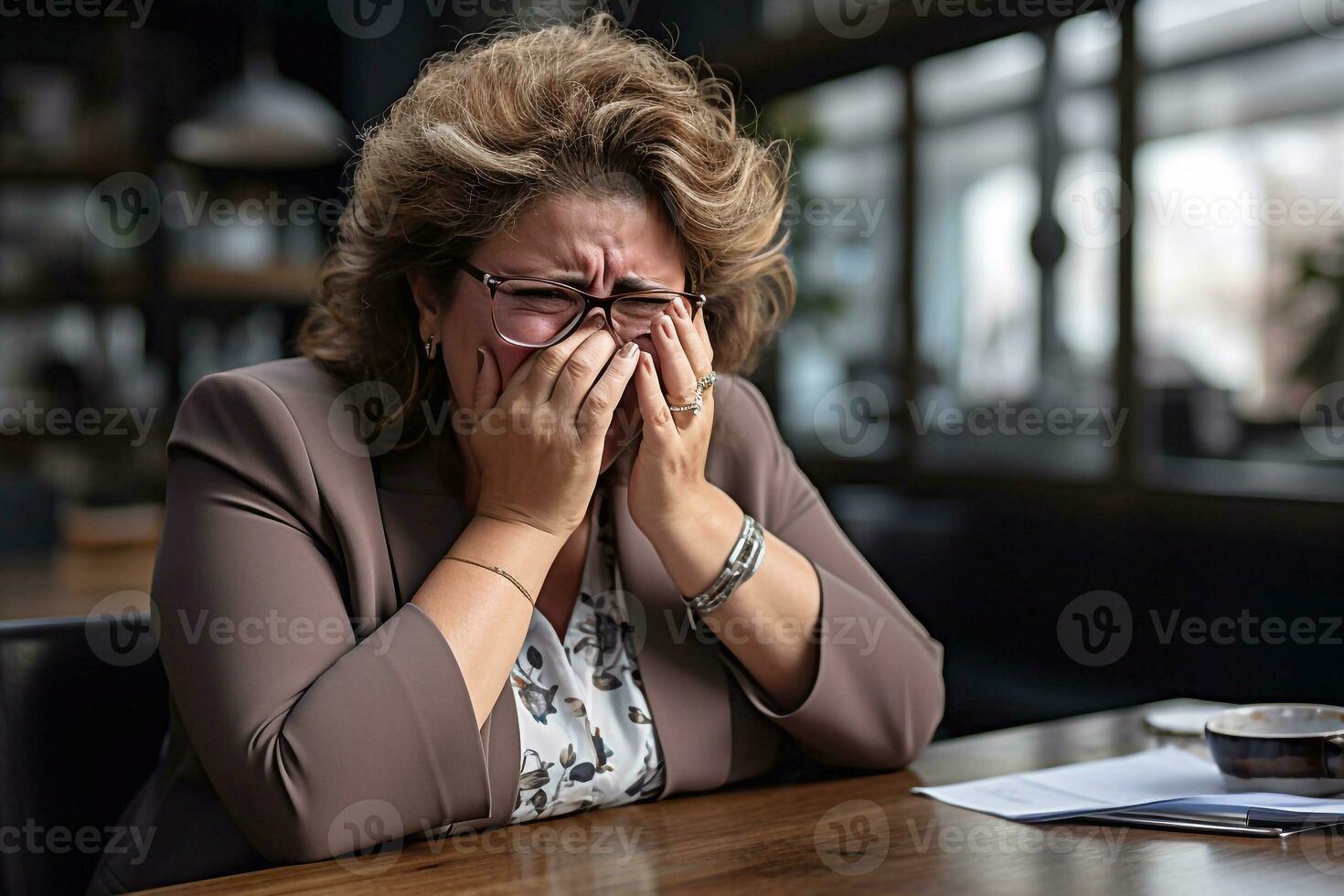 plus grootte bedrijf manager in de kantoor huilen boos gezicht, hoofd Colombiaanse vrouw 60 jaren oud in kantoor kleren. foto