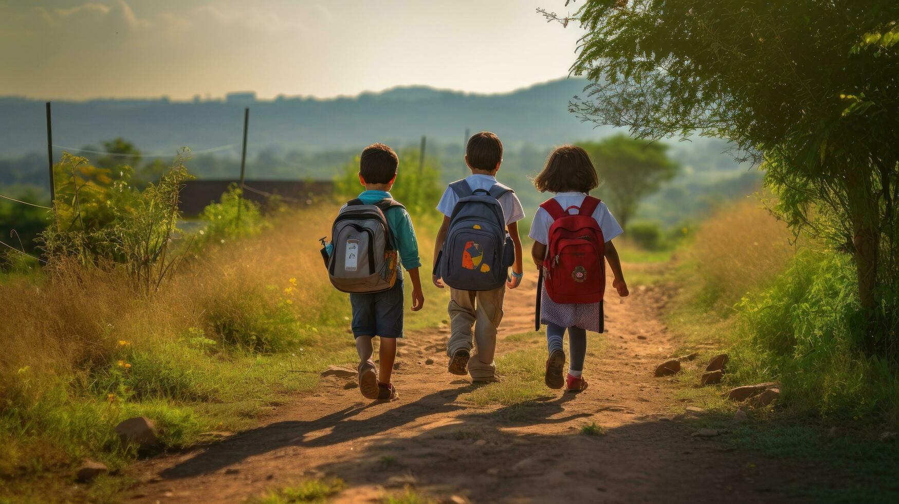 kinderen wandelen Aan een pad draag- rugzakken foto