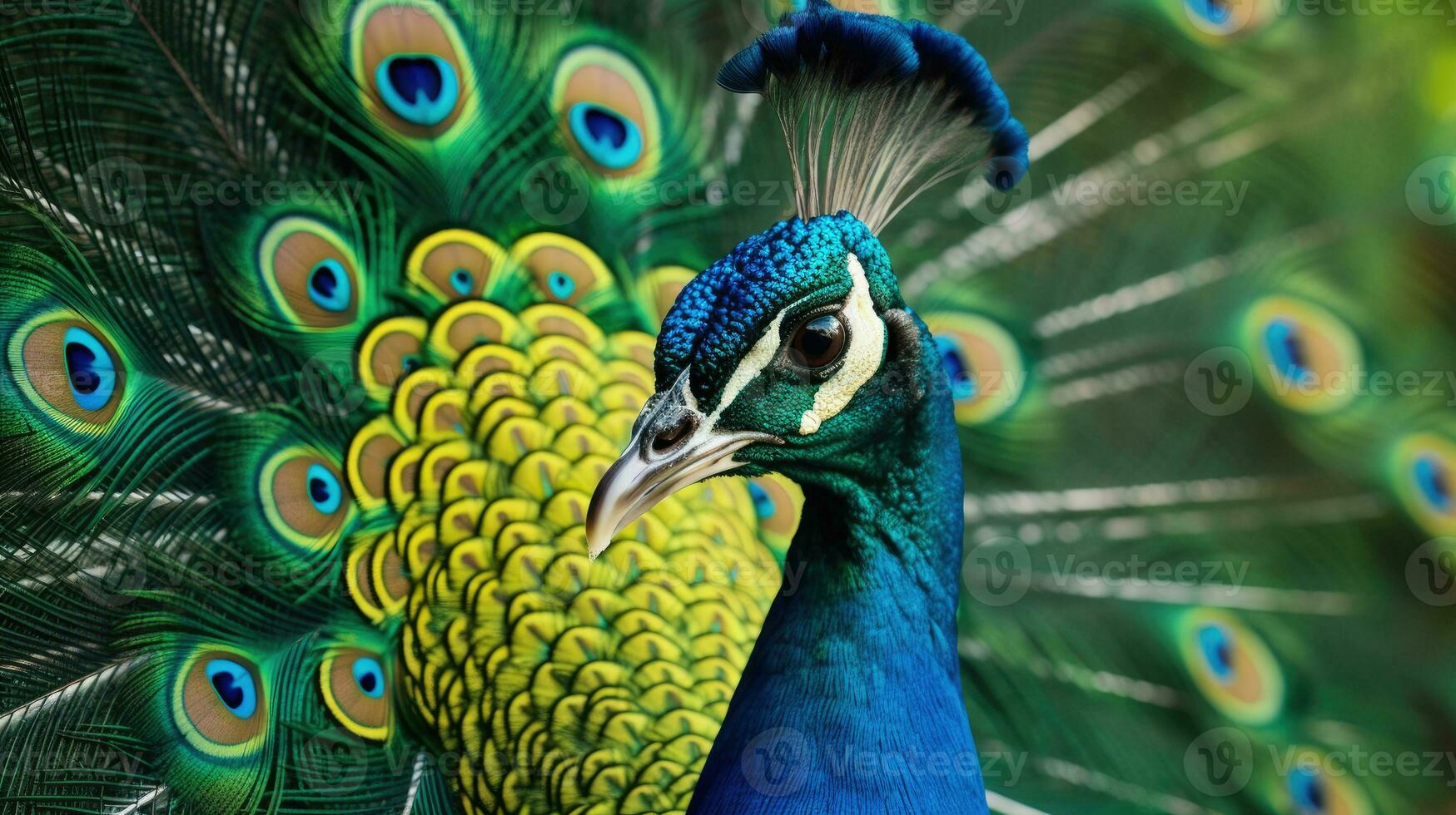 portret van mooi Pauw met veren uit. generatief ai foto