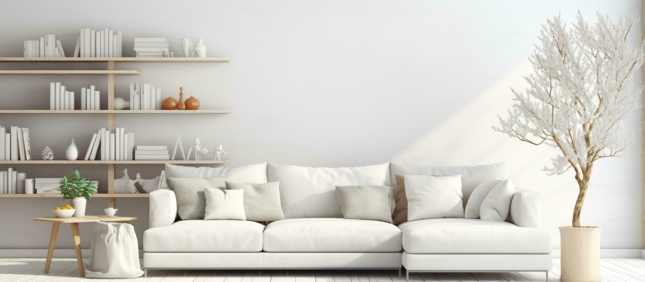 Scandinavisch stijl illustratie van een wit leven kamer met een sofa foto