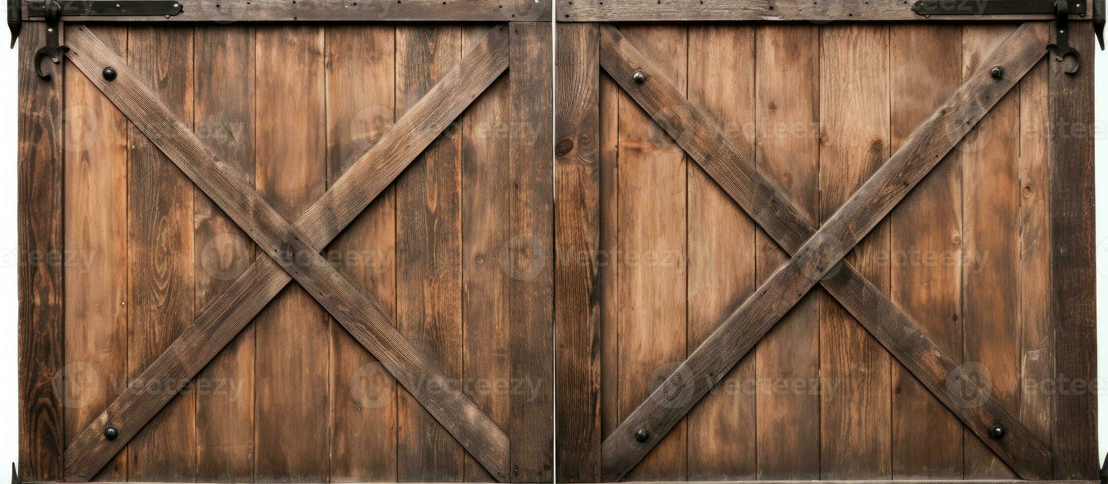 detailopname van een wijnoogst dubbele schuur deur met houten structuur en metalen omgaan met en bouten gezien van de voorkant foto