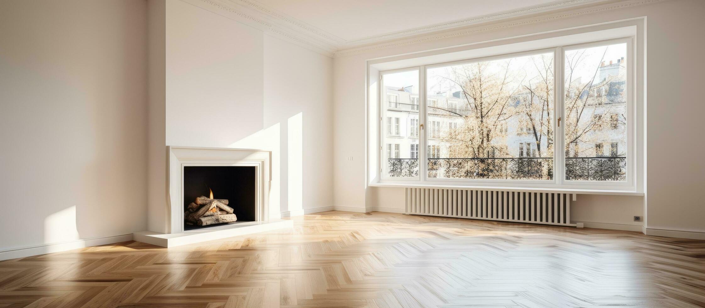 elegant appartement met helder kamer groot ramen wit muren houten vloeren en donker marmeren haard foto