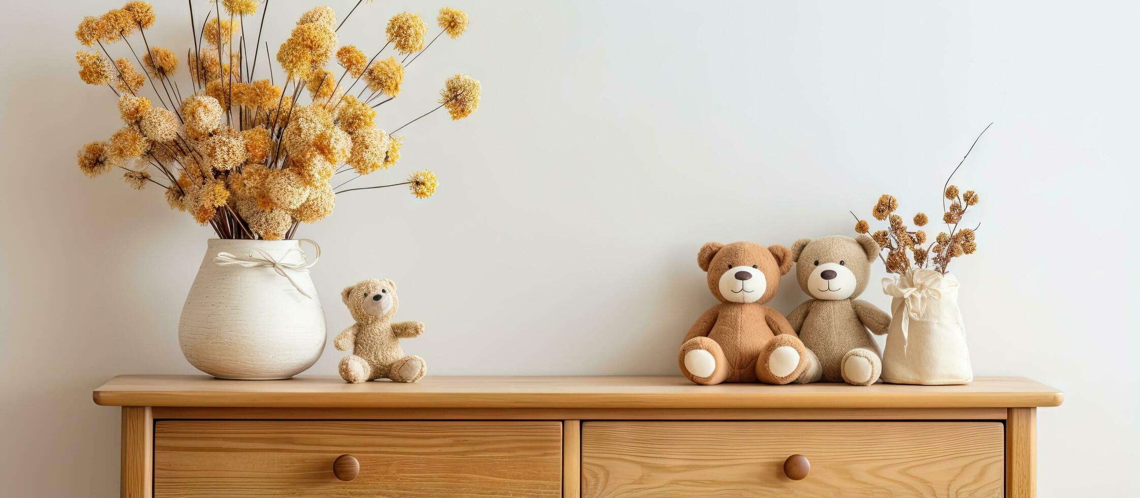 kinderen s kamer decor met houten speelgoed en droog bloemen Aan borst van laden foto