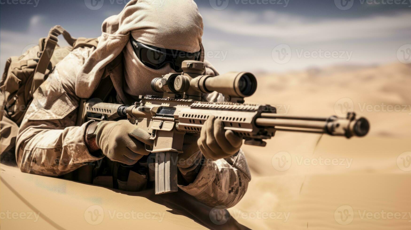 gecamoufleerd infanterist aan het liegen in de woestijn zand met een aanval geweer- ai gegenereerd foto