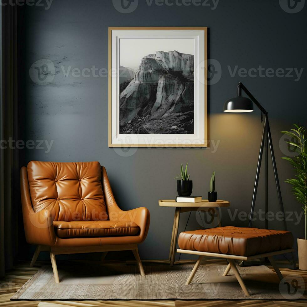 modern gemakkelijk mannengrot met een afbeelding kader Aan de muur, leven kamer, fotorealistisch, ai gegenereerd foto