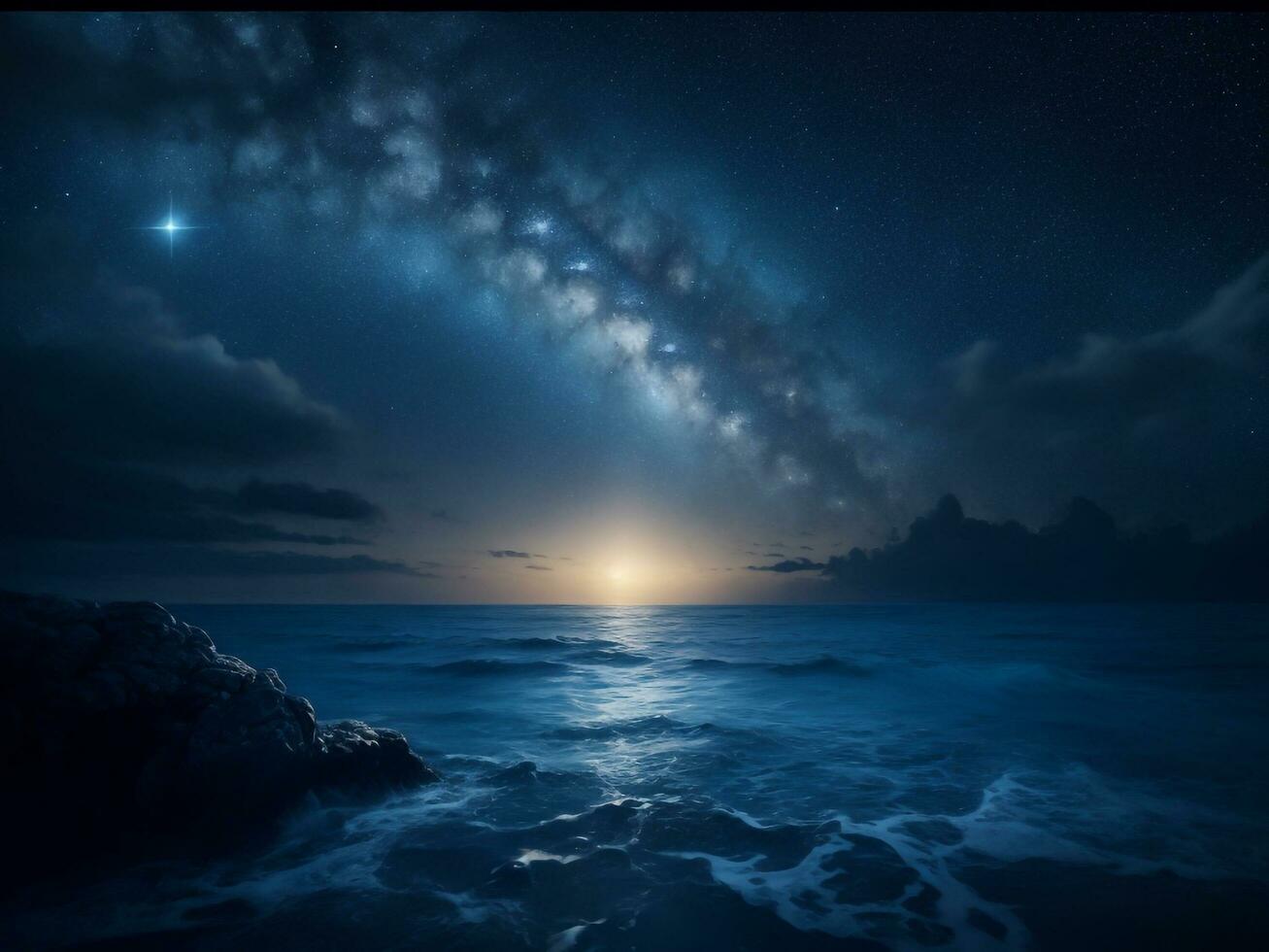 rustig nacht zeegezicht met sprankelend wateren en reflecterende maan, ai generatief foto