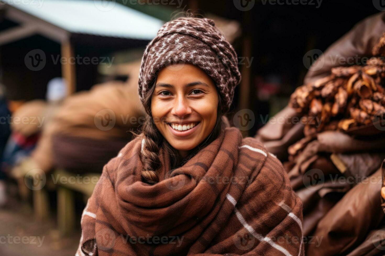 vrouw in knus plaid gemaakt van cacao foto