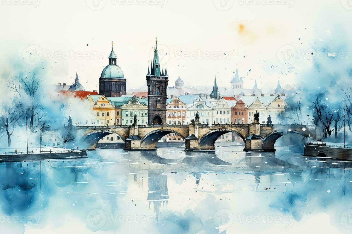 een besneeuwd waterverf schilderij van Praag horizon met een sereen achtergrond en leeg ruimte voor tekst foto