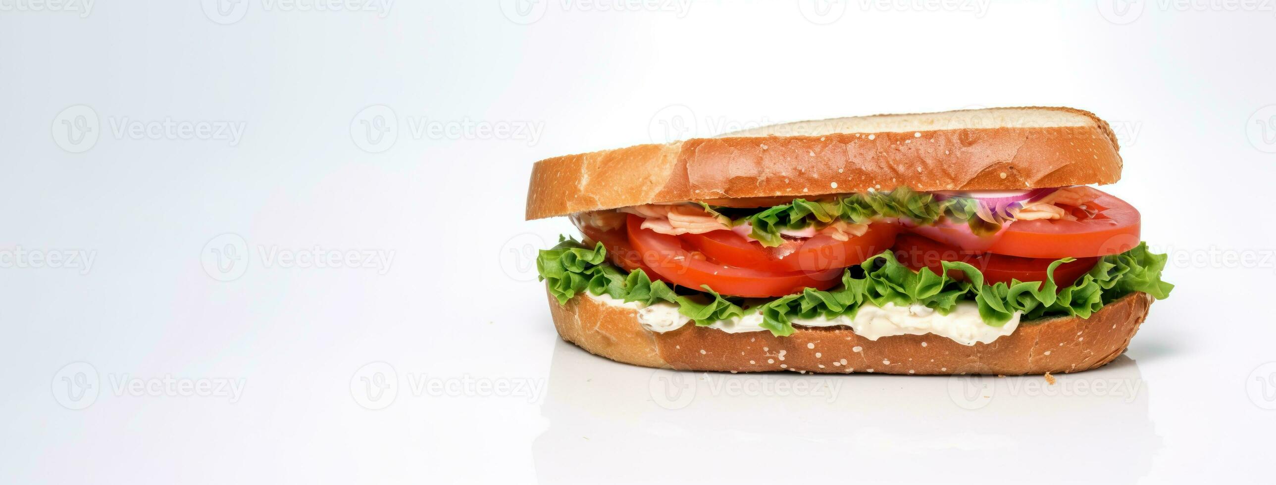vers belegd broodje met ham, kaas, tomaten, snel voedsel Aan wit achtergrond, isoleren. ai gegenereerd. foto