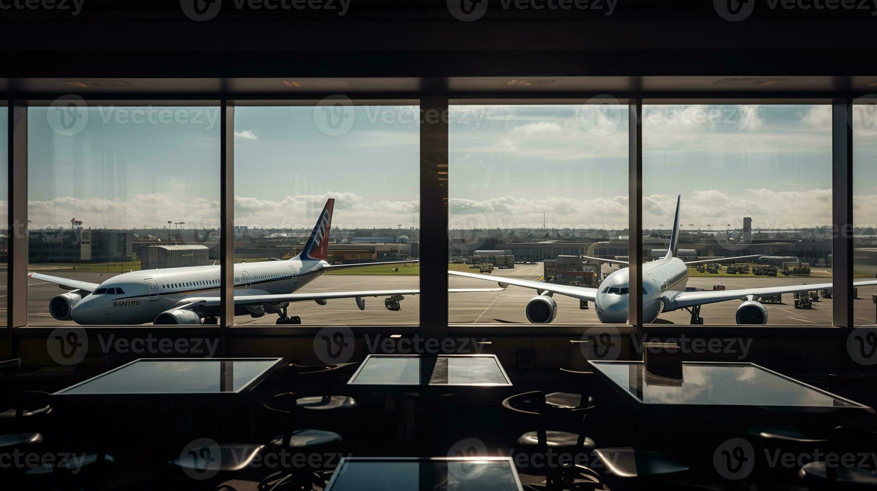 vliegtuig visie van luchthaven lounge in luchthaven terminal, generatief ai foto