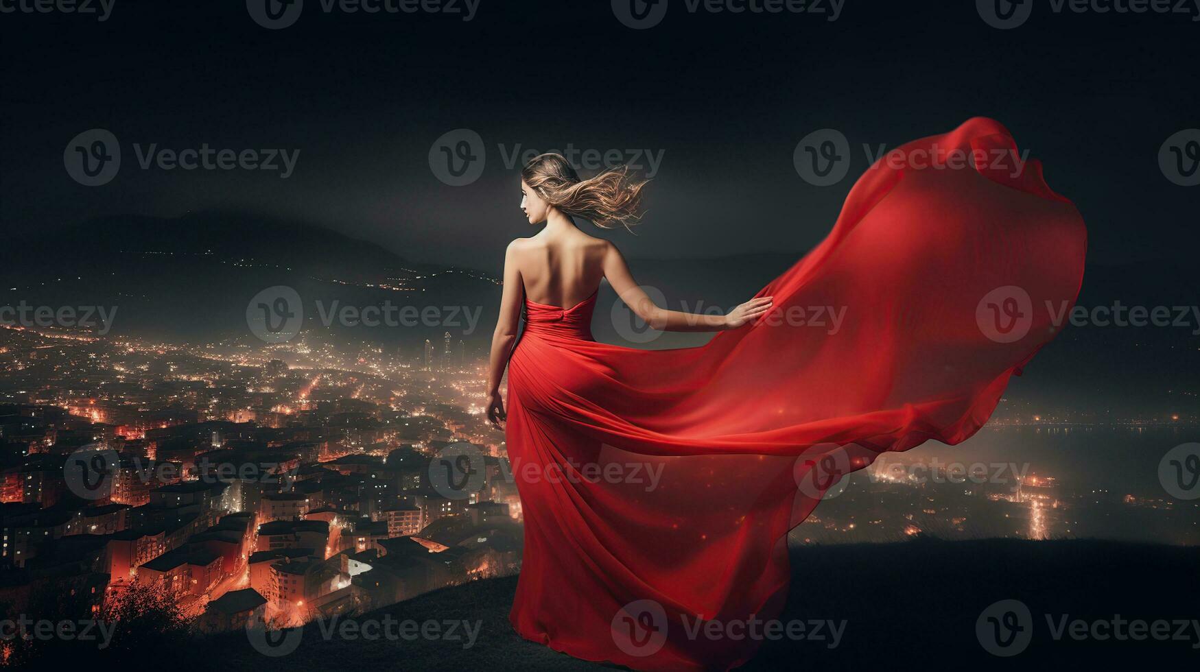 mode vrouw in rood fladderend jurk terug kant achterzijde visie. aantrekkingskracht model- dansen met lang zijde kleding stof vliegend Aan wind over- nacht lucht stad licht landschap, generatief ai foto