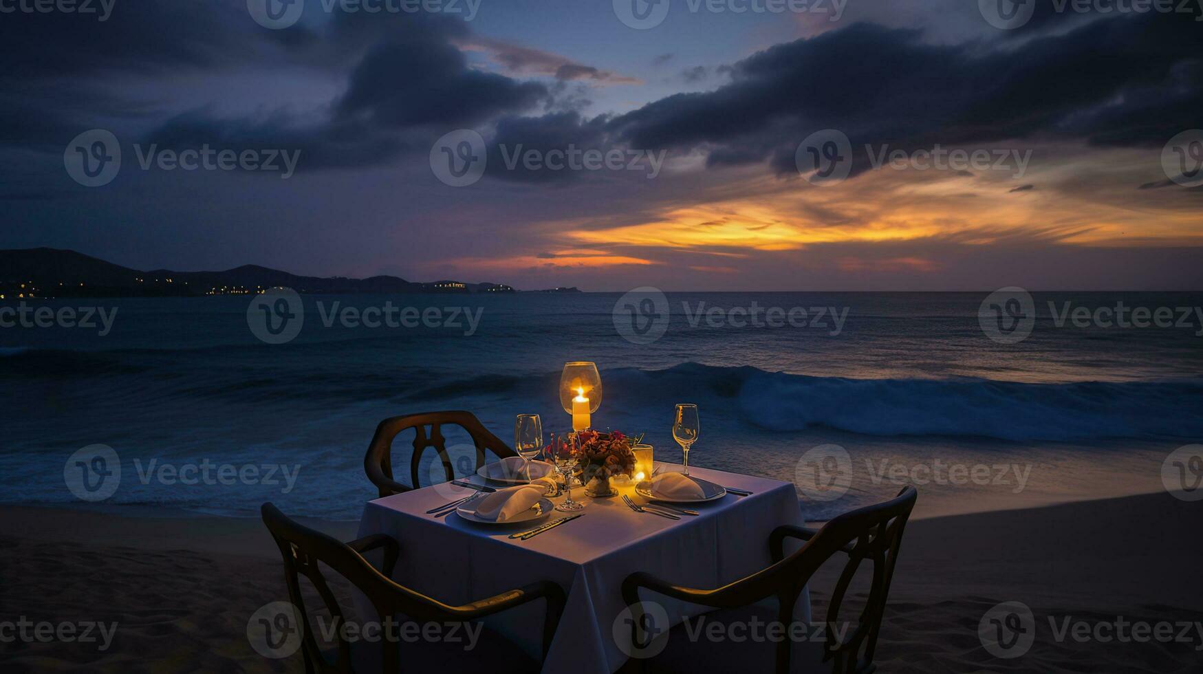 luxe romantisch kaarslicht avondeten tafel opstelling voor paar in oceaan visie restaurant, ai generatief foto
