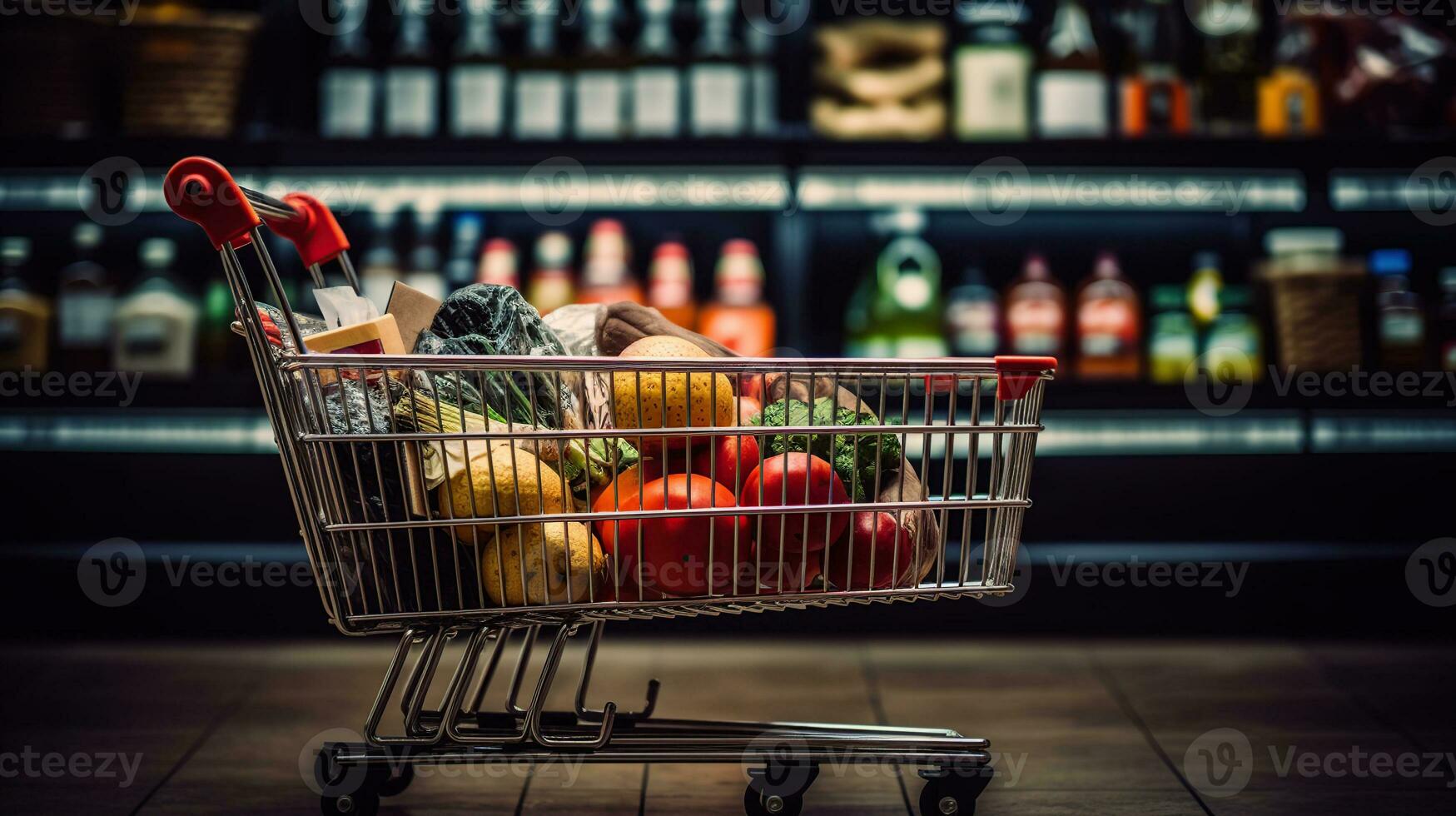 boodschappen doen kar gevulde met fruit en supermarkt schappen in de achtergrond, kruidenier boodschappen doen concept, generatief ai foto