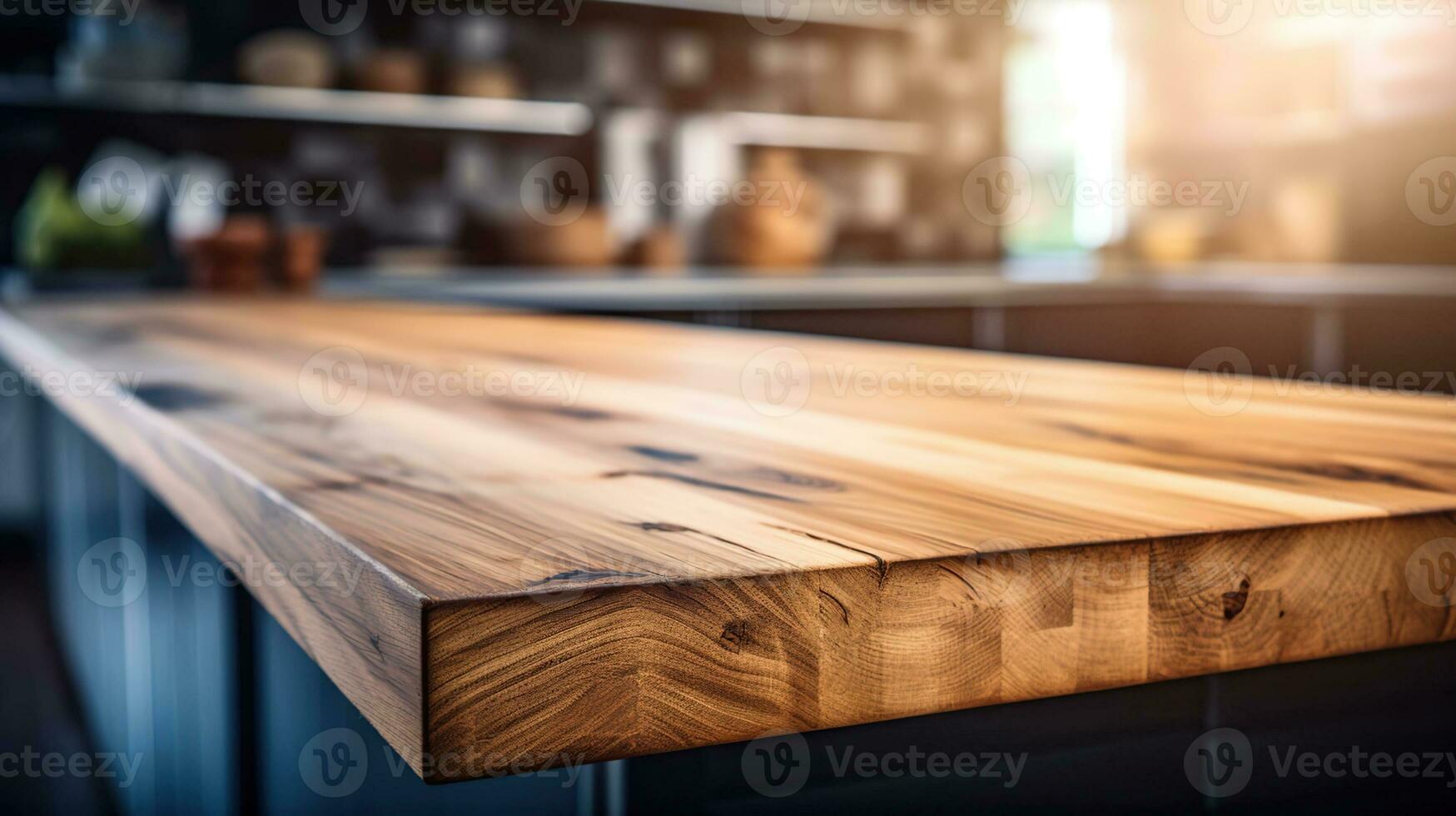 hout tafel top Aan vervagen keuken kamer achtergrond. voor montage Product Scherm of ontwerp sleutel zichtbaar lay-out, generatief ai foto