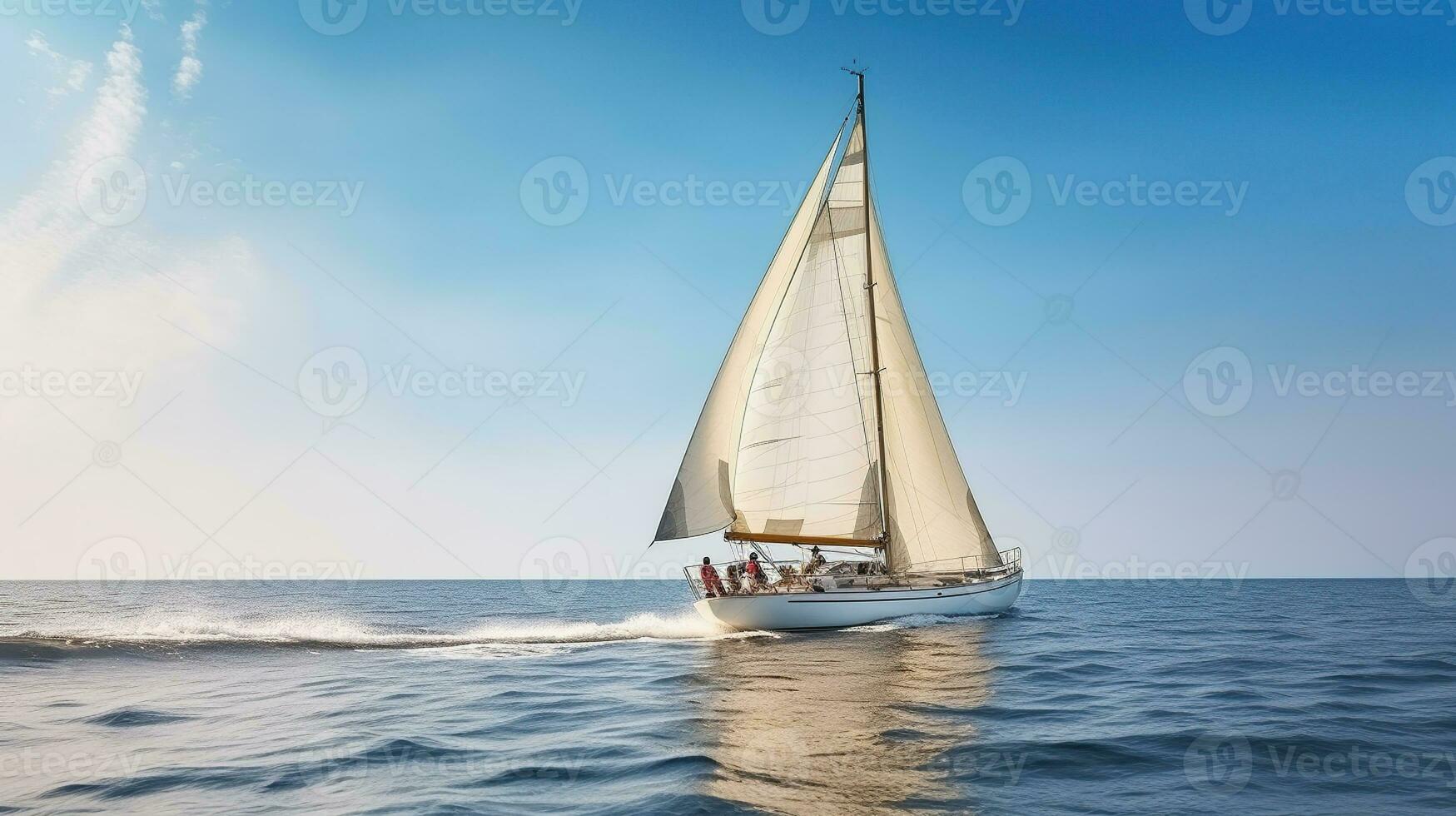 zeilboot te hard rijden door oceaan met vrienden Aan bord, generatief ai foto