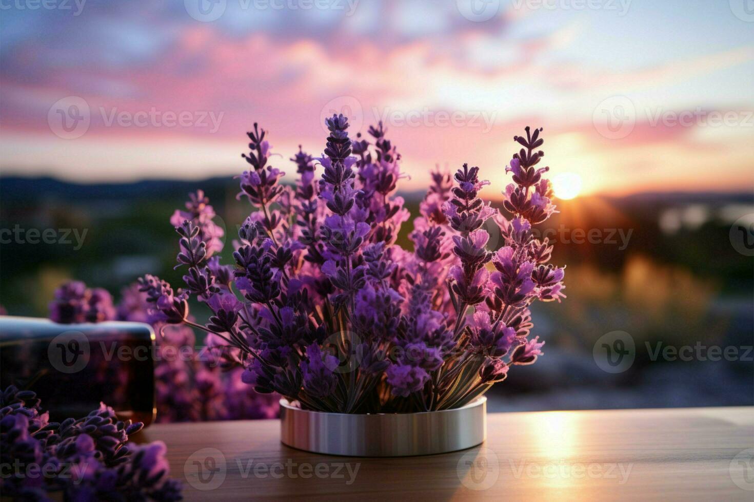 Purper lavendel schoonheid, aromatherapie essentieel oliën aanvulling de panoramisch visie ai gegenereerd foto