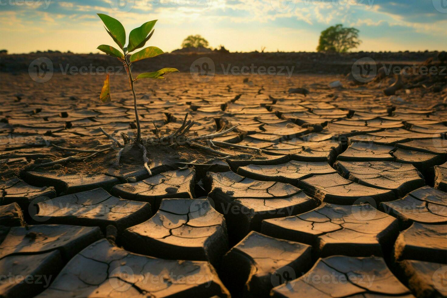 temidden van droogte, een vasthoudend boom vondsten leven Aan gebarsten grond ai gegenereerd foto