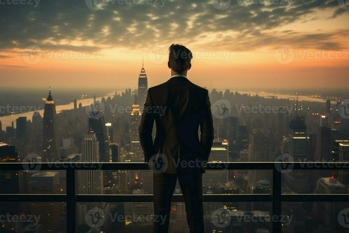 zelfverzekerd zakenman Aan op het dak blikken Bij stad silhouet ai gegenereerd foto