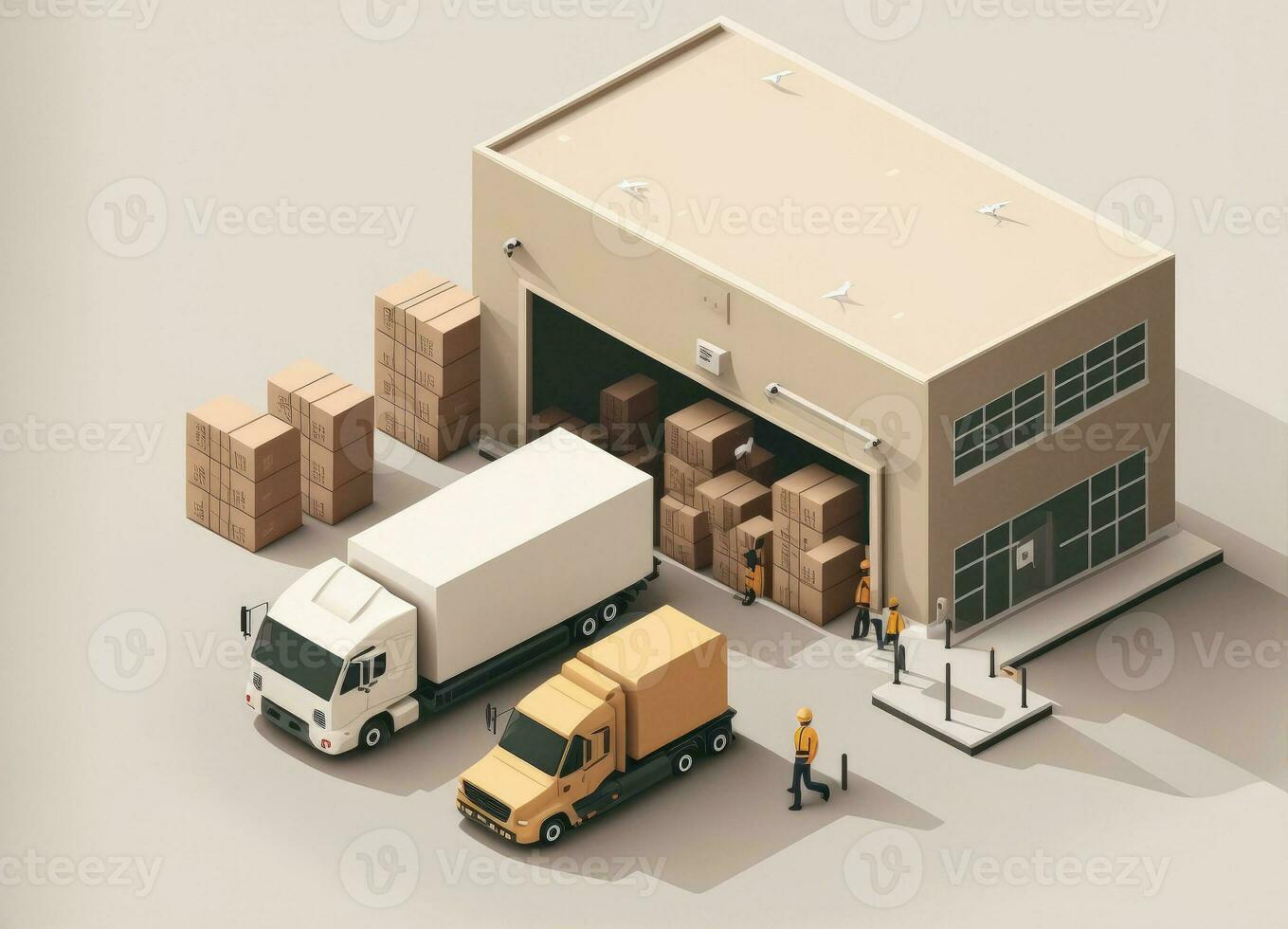 overdracht gebruik makend van busje vrachtwagens en Mens logistiek magazijn dozen foto