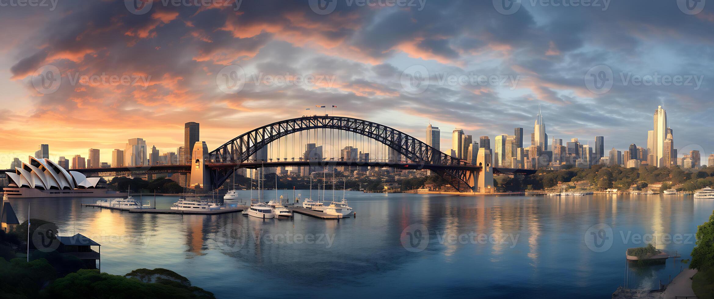 panorama van Sydney haven brug en Sydney opera huis Bij zonsondergang foto