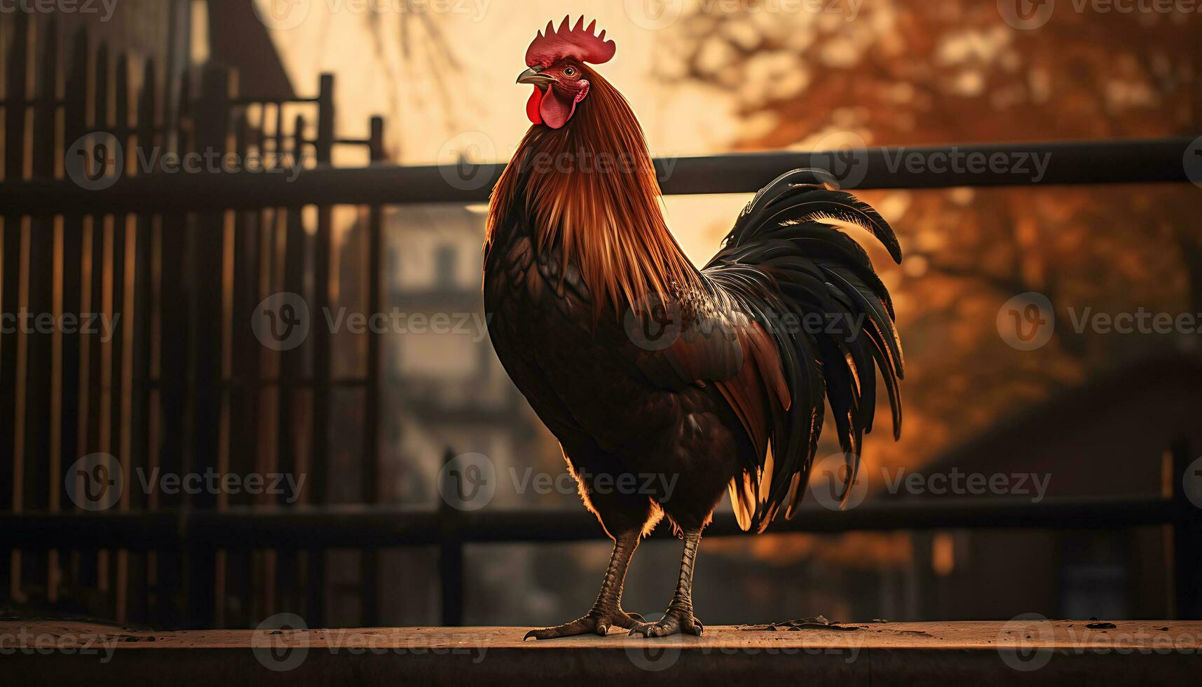 zwart haan staand Aan de terras van een kip boerderij. foto